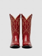 levne Cowboy &amp; Western Boots-Dámské červené kožené kovbojské boty s vyšívaným westernovým vzorem - stylová městská módní obuv pro moderní outfity