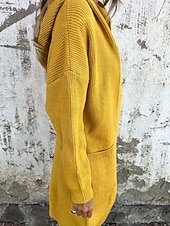 preiswerte Offene Frontstrickjacke-Damen Pullover Strickjacke Streetwear Lässig Einfarbig Mit Kapuze Tasche Knöpfe Gestrickt Langarm Lange Oberteile Stricken Täglich Ausgehen Wochenende Schwarz Gelb Herbst Winter