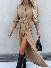 abordables Robe Simple-Femmes Robe Midi Robe trapèze Occasionnel Quotidien Coupe régulière Uni manche longue Revers Noir Rouge Vert Abricot Printemps Automne Hiver