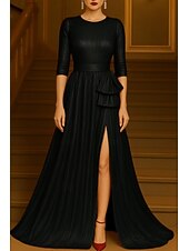 preiswerte A-Linie Abendkleider-Goldschwarzes A-Linien-Abendkleid, elegantes Abendkleid, formelle Hochzeit, bodenlang, 3/4-Ärmel, Rundhalsausschnitt, Lurex-Stoff mit Glitzerfalten, 2025