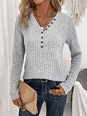 お買い得  プレーンTシャツ-女性用 ブラウス ボタン 純色 スタイリッシュ カジュアル 長袖 Ｖネック レギュラートップス 日常 ブルー ピンク ルビーレッド グリーン ダックグレー 春 秋 冬