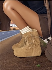 olcso Slouch Boots-Női velúr csizma, fonott bojtos részletekkel, bohém lezser stílusú, kényelmes, lapos talpú cipő, női városi utcai viseletre és mindennapi viseletre.