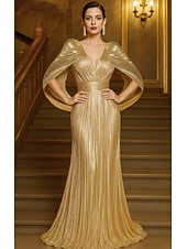 voordelige Zeemeermin Avondjurken-Gouden Sequin A-Lijn Avondjurk Elegante Jurk Formele Bruiloft Vloerlengte Korte Mouwen V-Hals Capes Lurex Stof met Plooien