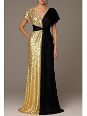 baratos Vestidos de Festa em A-Linha A Longo Vestidos de noite Vestido de Baile Vestido formal Elegante Manga Curta Decote V Casamento Formal Capas Cetim com Purpurina