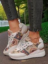 economico Sneakers da donna-sneakers con zeppa dorate da donna – scarpe da ginnastica con plateau e lacci con stampa etnica per abbigliamento casual da strada e viaggi del fine settimana