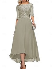 abordables Longueur de cheville-Robe A-Line mère de la mariée invitée de mariage formelle élégante col rond longueur de sol en chiffon à demi-manches avec couleur unie