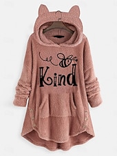 preiswerte Fleece-futterierte Sweatshirts-Damen Kapuzenpullover Tiermotiv Lässig Langarm Mit Kapuze Lange Oberteile Straße Alltagskleidung Lässig Rosa Wein Dunkelpink Rote Dunkelgray Herbst Winter
