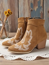 levne Cowboy &amp; Western Boots-Dámské kotníkové boty ve westernovém stylu z umělé semiše s vyšívanými detaily – kovbojské boty na festivaly a venkovské outfity