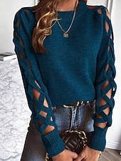 billige Solide farger-Dame Genser Gatemote Fritid Helfarge Crew-hals Uthult Strikket Langermet Vanlige topper Strikke Daglig Ferie Ut på byen Svart Blå Høst Vinter