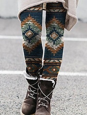 billige -Dame Leggings Årgang Mote Gatemote Full lengde Høy Midje Grafisk Geometrisk mønster Printer Hold Varm Myk Pustende Elastisk utendørs Feriereise Gate Gul Blå Brun Kakifarget Vår Høst Vinter