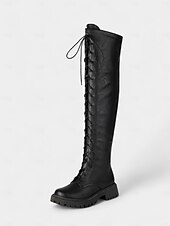 baratos Botas da moda-Botas femininas marrons de couro sintético com cadarço acima do joelho - botas estilo equestre knightcore com sola grossa e estilo grunge dos anos 90 para streetwear &amp;roupas para festivais de outono