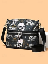 economico Borse-Borsa a tracolla da donna con stampa teschio – motivo floreale gotico, borsa casual in similpelle per feste di Halloween e uso quotidiano