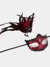 billige Motetilbehør-Damemaske med fjær og paljetter i burgunder med strass, gotisk venetiansk stil, kostymetilbehør til halloween-fester og maskeradeball