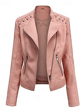 economico Pellicce &amp; Pelli-Per donna Giacca in Ecopelle Confortevole Cerniera Tasca Casual Semplice Vacanza Abbigliamento quotidiano Uscire Weekend Regolare Collo ripiegato Vestibilità regolare Manica Lunga Capispalla Nero