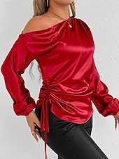  Mulheres Camisa Social Elegant Elegante Top de cetim Assimétrico Côr Sólida Tecido à moda Casual Manga Longa ombro frio Tops regulares Diário Para Noite Vermelho Verão Primavera Outono