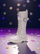 economico Stivali per bambini-Scarpe da costume da pop star ispirate agli idoli coreani, stivali alti fino al ginocchio con lacci bianchi da bambina, con suola spessa, calzature alla moda per spettacoli di danza e abiti da