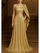 cheap A-Line Evening Dresses-A-Line Floor Length Evening Gown Ball Gown Formal Dress Elegant Short Sleeve One Shoulder Wedding Formal Capes Lurex Fabric with Glitter Ruffles