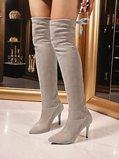 お買い得  ファッションブーツ-つま先が尖っていてスティレットヒールのある、女性用のグレーのスエードのオーバーニーファッションブーツ。パーティー、夜のお出かけ、秋冬のファッションにぴったりのエレガントなストレッチサイハイブーツ。