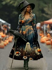 halpa Halloween mekko-Halloween Naisten Midimekko A linjainen mekko Loma Vapaa-aika Häät Juhla Syntymäpäivä Normaali Kukka Kuvitettu Ruusu 3/4 hiha V kaula-aukko Keltainen Punastuvan vaaleanpunainen Sininen Oranssi Kevät