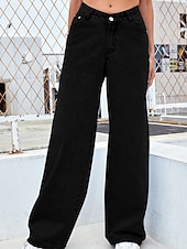 billige brede ben og høy midje-Dame Jeans kinesisk Rett Ferie Årgang Gatemote Full lengde Middels midje عادي Lomme Elastisk midje Bekvem Uelastisk Mikroelastisk utendørs Gate Daglig Svart Grå Marine Svart Hvit Høst Vinter Normal