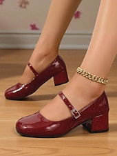 billige 1950-talls retro-Damesko med burgunderfargede Mary Jane-hæler i lakkskinn – vintage pensko fra 50-tallet med blokkhæl og spenne for jenter, cosplay og festantrekk