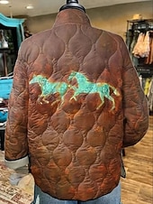 cheap Casual Parka-Women&#039;s Winter Jacket Quilted Jacket Warm Lightweight Buttons Print Active Vintage Artistic Casual Animal Casual Regular Stand Collar Regular Fit Long Sleeve Outerwear Coffee Fall Winter