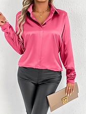 economico Top eleganti-Per donna Camicia Camicia in raso Tinta unica Elegante Casual Manica Lunga Colletto a Camicia Top Regolari Quotidiano Uscire Bottoni Rosa Viola Verde Primavera Autunno