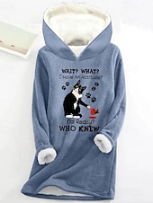 baratos Moletons forrados de fleece-Mulheres Pulôver Moletom Com Capuz Gráfico Animal Letra Quente Casual Difusa Manga Longa Com Capuz Tops regulares Casual Esportes Imprimir Rosa Azul Cinzento Outono Inverno