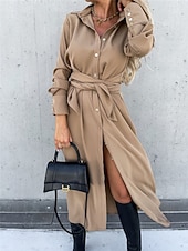 abordables Robe Simple-Femmes Robe Midi Robe trapèze Occasionnel Quotidien Coupe régulière Uni manche longue Revers Noir Rouge Vert Abricot Printemps Automne Hiver