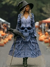 economico Abito di Halloween-Halloween Per donna Abito Midi Abito a trapezio Vacanza Casual Quotidiano Ferie Data Vestibilità regolare Grafico Teschio Manica Lunga Scollo a V Giallo Chiaro Blu Viola Verde Autunno Inverno