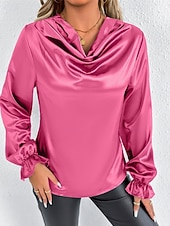 Недорогие Нарядные блузки-Жен. Рубашка Elegant Нарядный Атласный верх Драпировка Сплошной цвет Стиль На каждый день Длинный рукав Вырез-хомут Обычные топы Повседневные На выход Черный Розовый Зеленый Абрикосовый Весна Осень