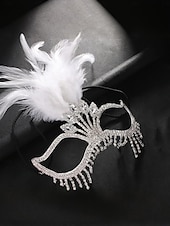 preiswerte Mode-Accessoires-Gatsby-Maskenballmaske für Damen mit Federn und Strasssteinen – elegantes Kostümzubehör für Halloween-Partys, Cocktail-Events und Bälle im Stil der 1920er Jahre