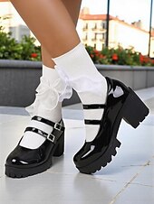 abordables Block Heels-Chaussures Mary Jane à plateforme en similicuir verni noir pour femmes - Double bride à talon épais, style écolière pour la mode Harajuku, le cosplay et le streetwear de tous les jours