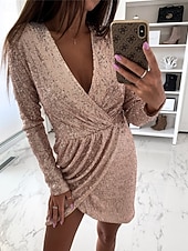 ieftine Rochie neagră pentru femei-Pentru femei Rochii Midi Rochie neagra Rochie cu paiete Rochie de petrecere Rochie casual Elegant Modă Modern În aer liber Petrecere Zilnic Zvelt Simplu Manșon Lung În V Roz Deschis Negru Alb Roz