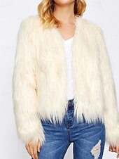 preiswerte Felle &amp; Leder-Damen Kunstpelzmantel Warm Bequem Pelze &amp; Leder Mode Einfach Urlaub Straße Ausgehen Wochenende Regulär Rundhalsausschnitt Normale Passform Langarm Oberbekleidung Schwarz Weiß Rosa Herbst Winter