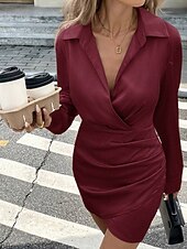 tanie Kobieta czarna sukienka-Damskie Sukienka mini Czarna sukienka Sukienka na imprezę Sukienka koktajlowa Satynowa sukienka Moda Nowoczesny Impreza Wieczorna impreza Spotkanie towarzyskie Regularny Równina Długi rękaw