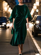 Robe midi en velours pour femmes ajustée et évasée élégante robe de cocktail fête en extérieure invitée de mariage ajustement régulier couleur unie à manches longues col ras du cou noir rouge bleu abordables Robe Simple-Robe midi en velours pour femmes ajustée et évasée élégante robe de cocktail fête en extérieure invitée de mariage ajustement régulier couleur unie à manches longues col ras du cou noir rouge bleu