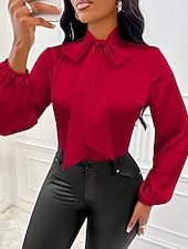 cheap Dressy Blouses-Women's Shirt Elegant Dressy Satin Top Bow Solid Color Elegant Stylish Basic Long Sleeve Tie Neck High Neck Regular Tops Daily Going out Red Spring Fall