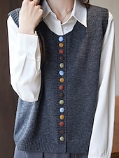cheap Sweater Vest-Women&#039;s Sweater Sweater Vest Streetwear Casual Solid Color Crew Neck Buttons Knitted Sleeveless Regular Tops Knit Daily Holiday Going out Black Red Fall Winter