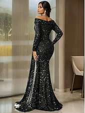 baratos Vestidos de baile-Sereia Vestidos de noite Elegante Traje formal Formal Casamento Cauda Escova Manga Longa Ombro a Ombro Renda com Pregas Franzido 2025