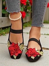 abordables Ballerines femme-Ballerines Mary Jane de Noël pour femmes – Chaussures à brides brodées de roses en faux daim pour les fêtes et au quotidien