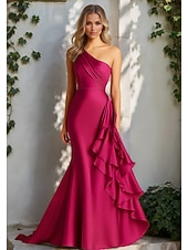 tanie Suknie wieczorowe syrenki-Syrena Suknia wieczorowa Elegancja Suknia formalna Formalny Ślub Tren sweep Bez rękawów Na jedno ramię Satyna z Z marszczeniami Falbany 2025