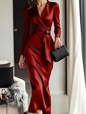 preiswerte abendkleider-Damen Midikleid Partykleid Cocktailkleid Satinkleid Elegant Modern Party Abendgesellschaft Normale Passform Einfach Langarm V Ausschnitt Schwarz Wein Herbst Winter