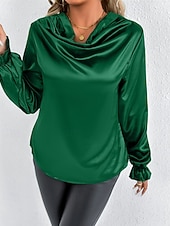 Недорогие Нарядные блузки-Жен. Рубашка Elegant Нарядный Атласный верх Драпировка Сплошной цвет Стиль На каждый день Длинный рукав Вырез-хомут Обычные топы Повседневные На выход Черный Розовый Зеленый Абрикосовый Весна Осень