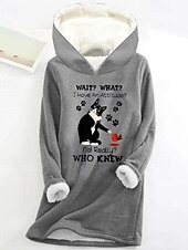 baratos Moletons forrados de fleece-Mulheres Pulôver Moletom Com Capuz Gráfico Animal Letra Quente Casual Difusa Manga Longa Com Capuz Tops regulares Casual Esportes Imprimir Rosa Azul Cinzento Outono Inverno