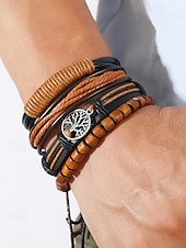 billige Menns smykker-flerlags armbåndsett i ekte skinn for menn – bohemsk perlebesatt livets tre-armbånd for uformelt bruk, fest og reiser