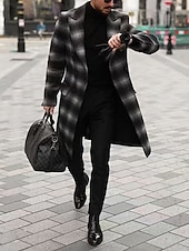 abordables Men's Trench Coat-Men's Overcoat Trench Coat Long Trench Coat Vacation Daily Fall Winter Polyester Windproof Warm Outerwear Clothing Apparel Fashion Classic Plaid Pocket Lapel Open Front