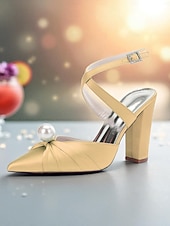 cheap Cocktail-Women&#039;s Blue Satin Block Heel Pumps with Pearl Detail and Ankle Strap - Elegant Pointed Toe Shoes for Formal Occasions and Cocktail Parties