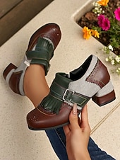 preiswerte Retro-Stil der 1950er Jahre-Damen-Oxfords im Retro-Stil der 1950er Jahre mit T-Riemen und Blockabsatz und Fransen, einzigartiges Farbblockdesign für den Freizeit-, Alltags- und Streetstyle.