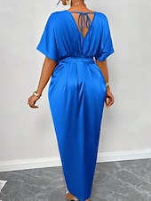 abordables Robe de cocktail-Femmes Robe Longue Maxi Robe Robe de Soirée Robe de Cocktail Robe en Satin Élégant Moderne Soirée Coupe régulière Uni Manche Courte Col en V Noir Jaune Bleu Roi Vert foncé Automne Hiver